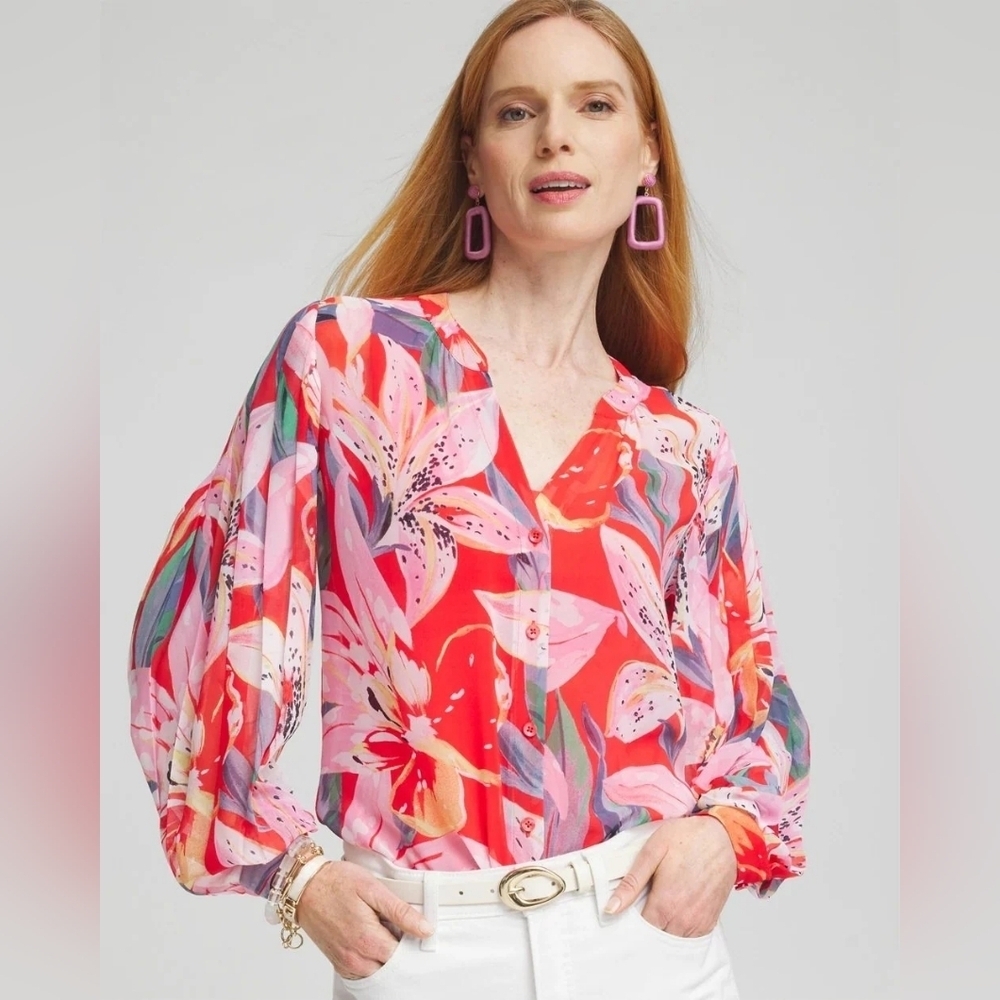 Chico's NWT Dreamy Lily Sheer Blouse Top Watermelon Punch 4/20